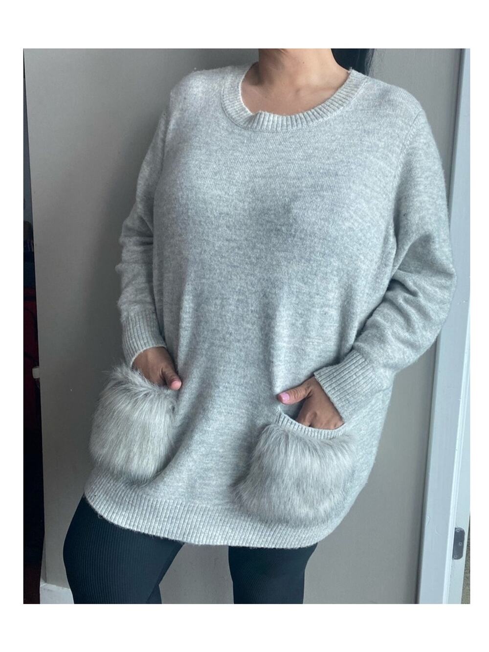 Lane Bryant Light Gray Crewneck Sweater with Faux Fur Pockets